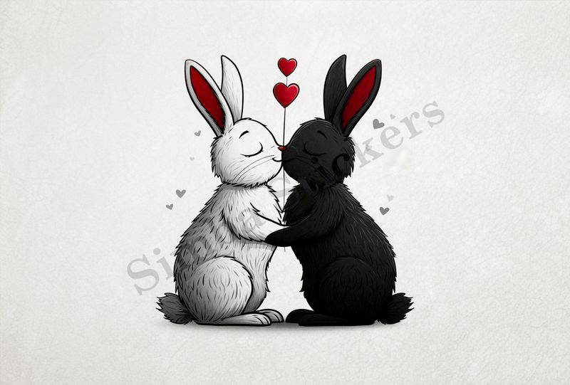 Bunnies in love, nose-to-nose, one black, one white, outline art