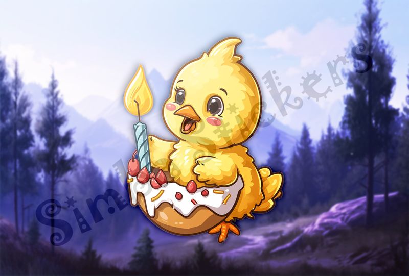 Cute Chick holding up a birthday candle, one foot in egg