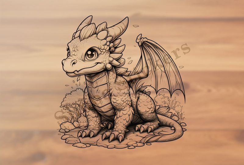 Baby dragon, one wing spread out, outline art