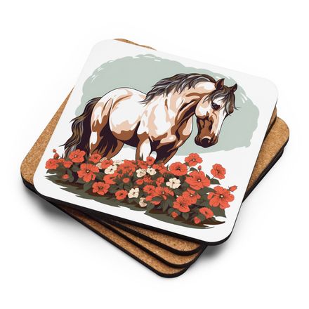 Cork-Back Coaster, Brown horse in field of red flowers, n4w2fj