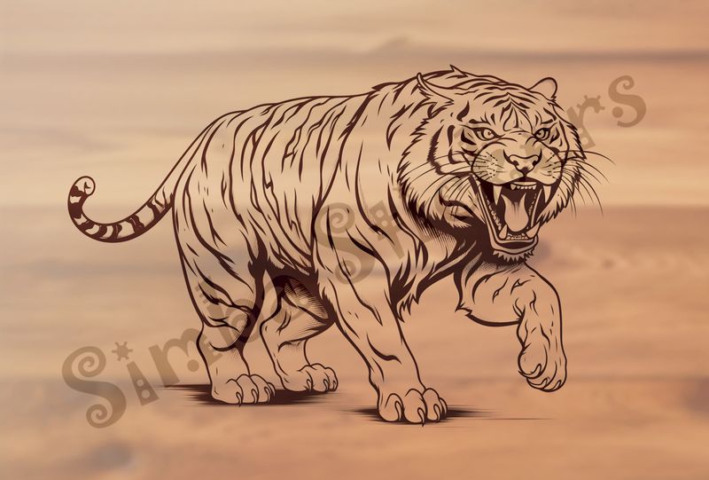 Tiger snarling and looking fierce, outline art