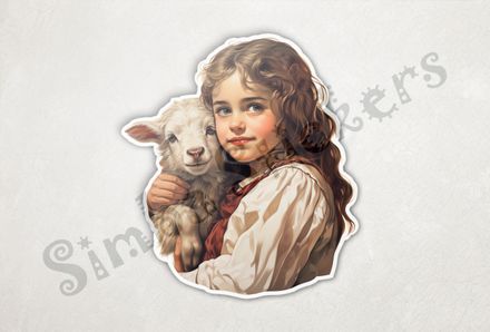 Goat kid in arms of girl of European origin