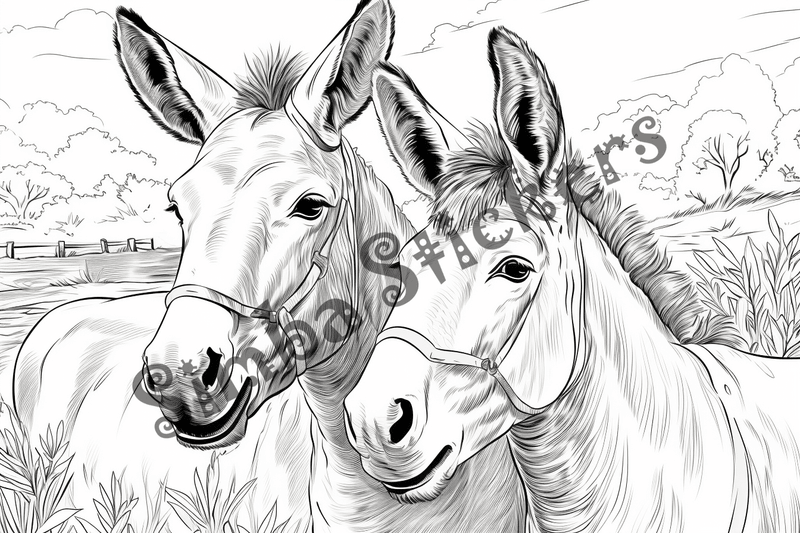 Colouring pages, bundle of donkeys with children, 25 images