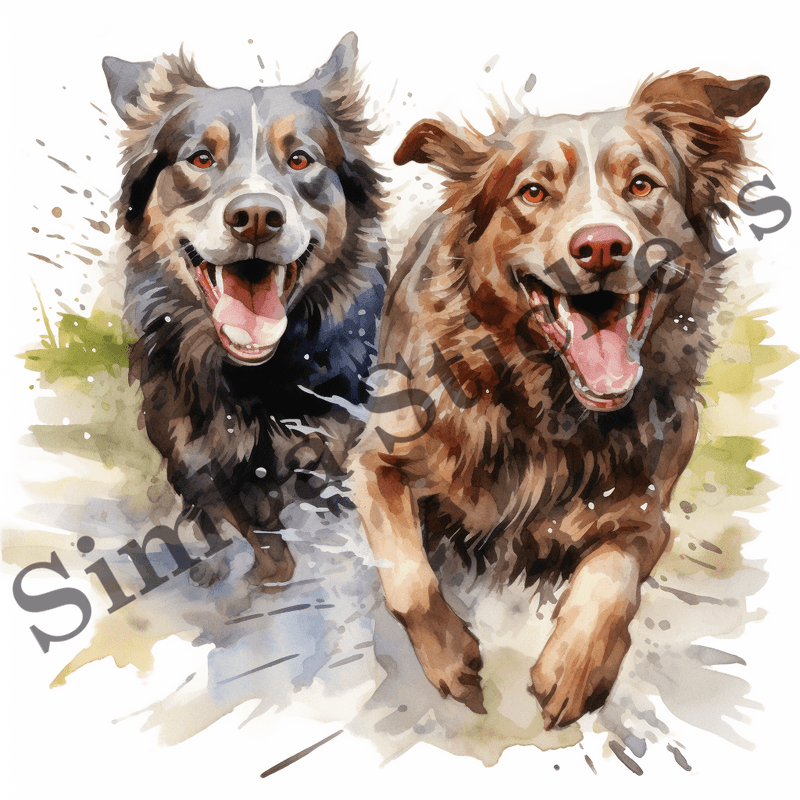 Dogs running, chasing each other, watercolour, image set, 10 images