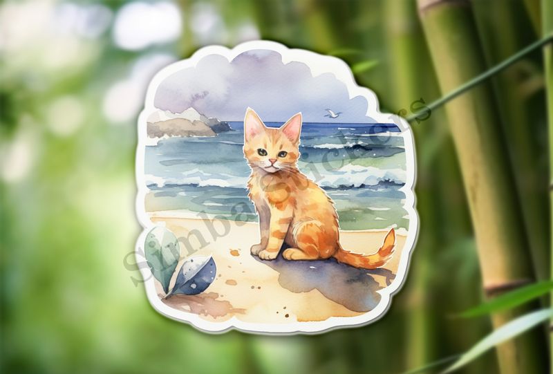 Cat on the beach, watercolour