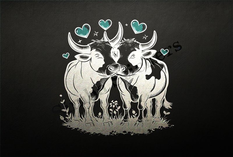 Bull and cow in love , standing in the grass, outline art
