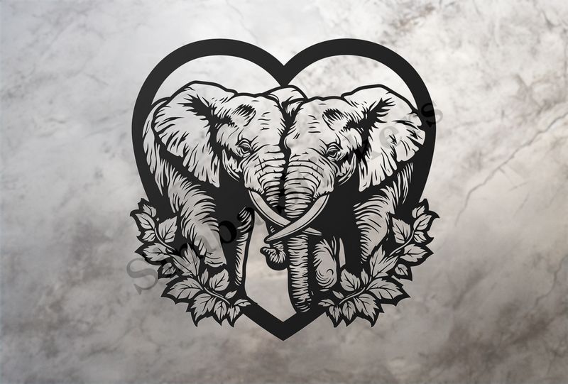 Elephants in love,  in romantic heart shape, outline art