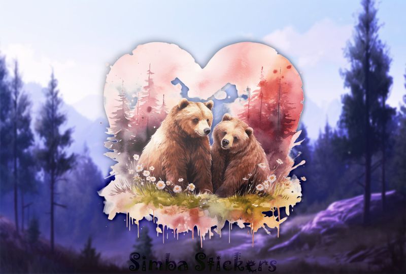Bears cubs sitting in Valentine&#x27;s heart shape, watercolour, cfzt1y