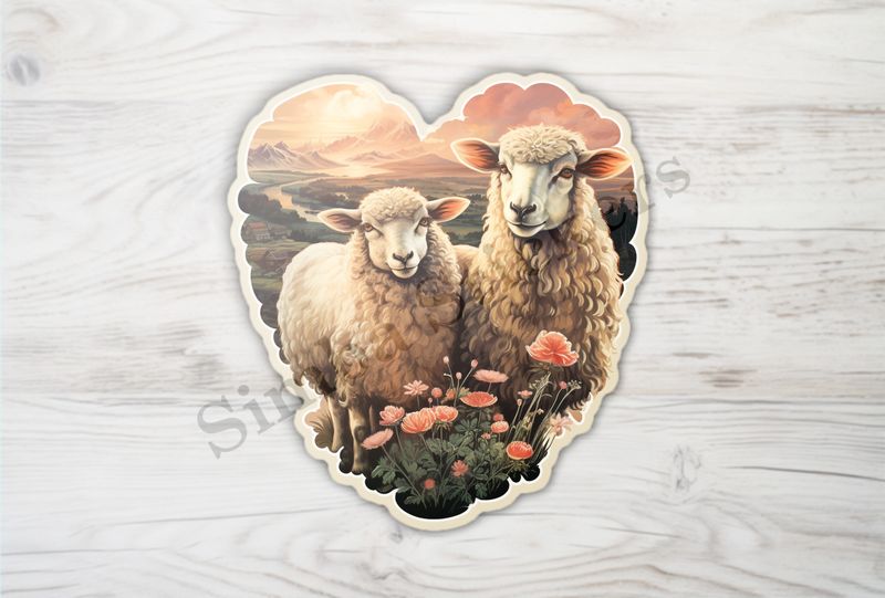 Sheep ewe and ram in love, picturesque background, vintage