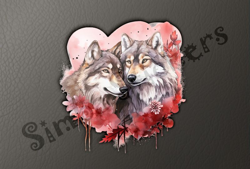 Wolves in love, in flowery heart shape