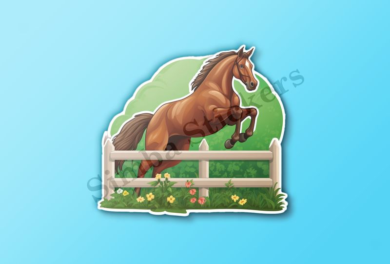 Brown horse jumping over a fence
