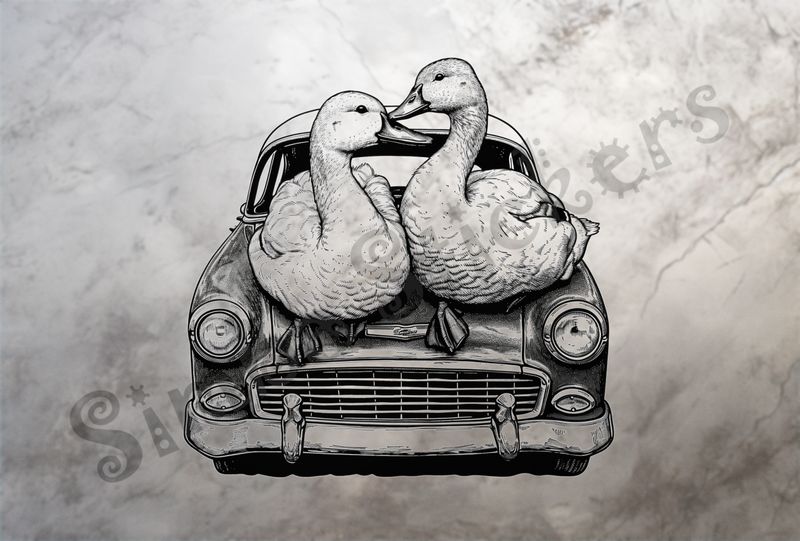 Ducklings cuddling romantically on hood of car, outline art