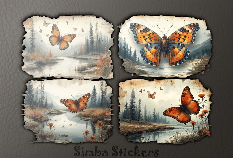 Butterflies floating above rivers, 4-in-1, vintage, ovoilc