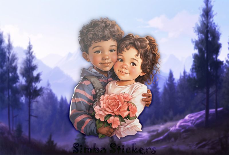 Girl and boy, cheek-to-cheek, holding flowers