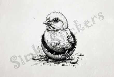 Chick sitting on broken egg shell after hatching, outline art