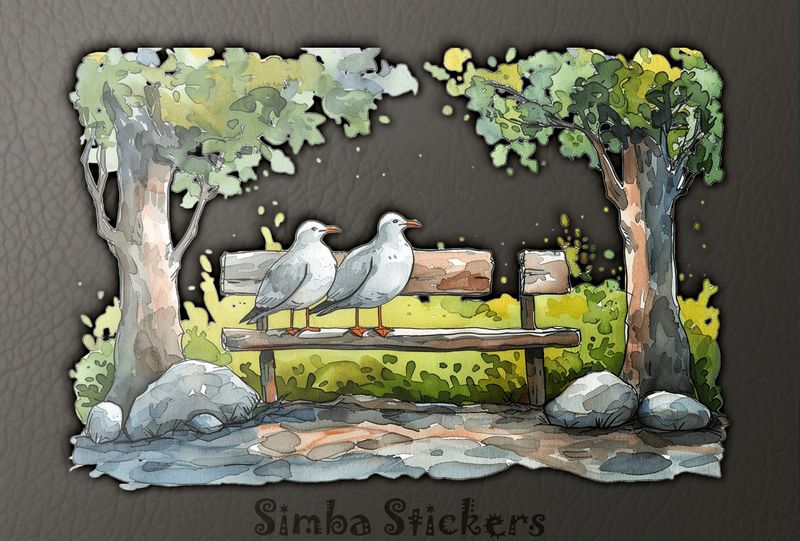 Seagulls on a park bench, watercolour, mzstmr