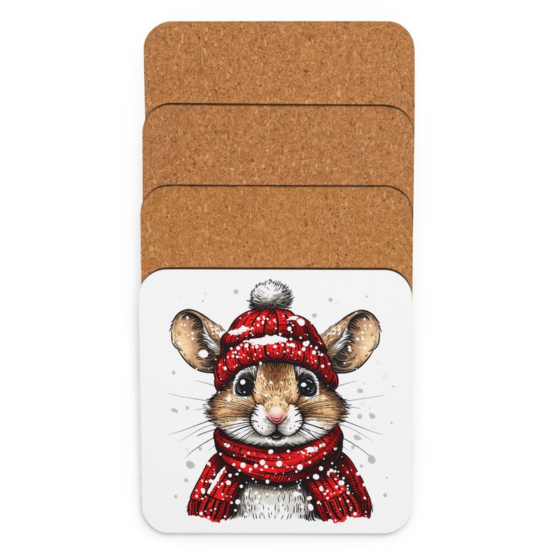 Cork-Back Coaster, Mouse wearing red winter hat and scarf in the snow, xg8dl3, mirrored