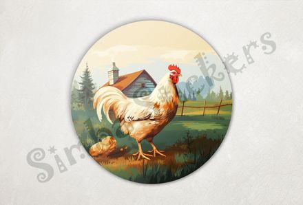 White chicken, free-range, with farmhouse in background