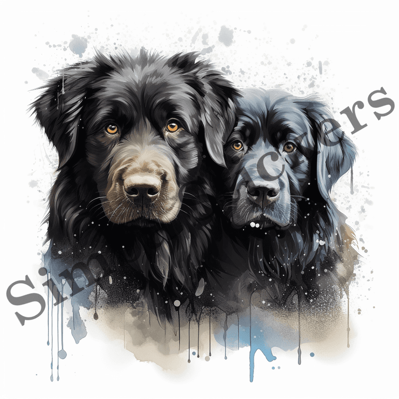 Newfoundland dogs wet in the rain, watercolour, image set, 10 images