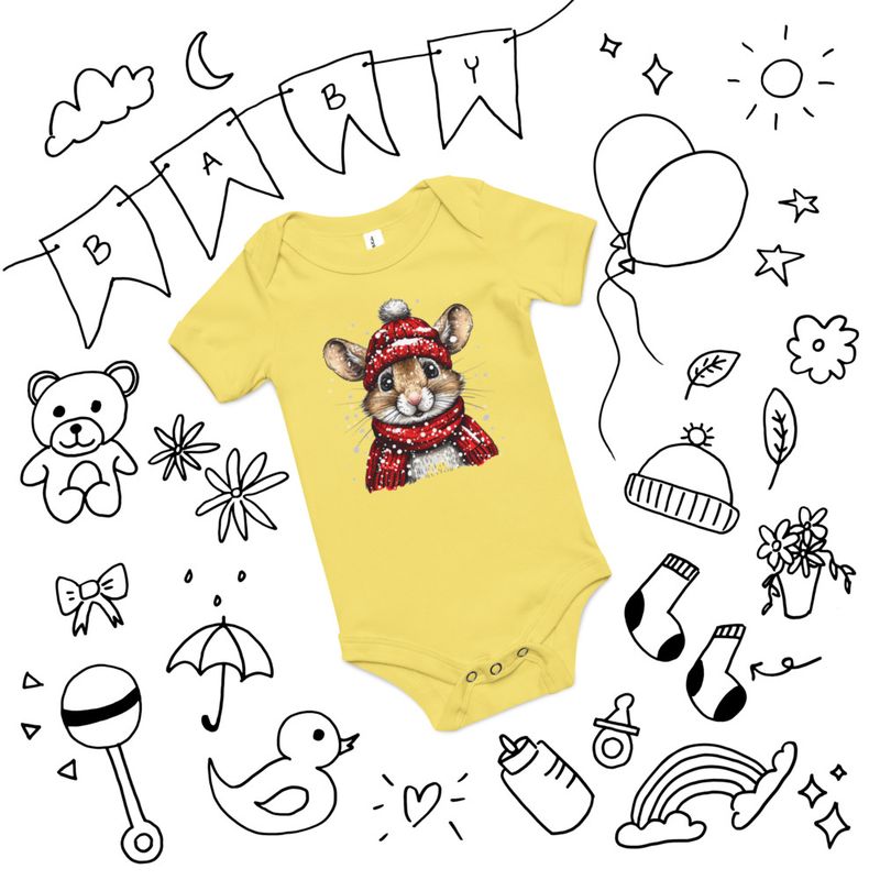 Baby Short Sleeve One Piece, 3-24 Months, Mouse wearing red winter hat and scarf in the snow, xg8dl3