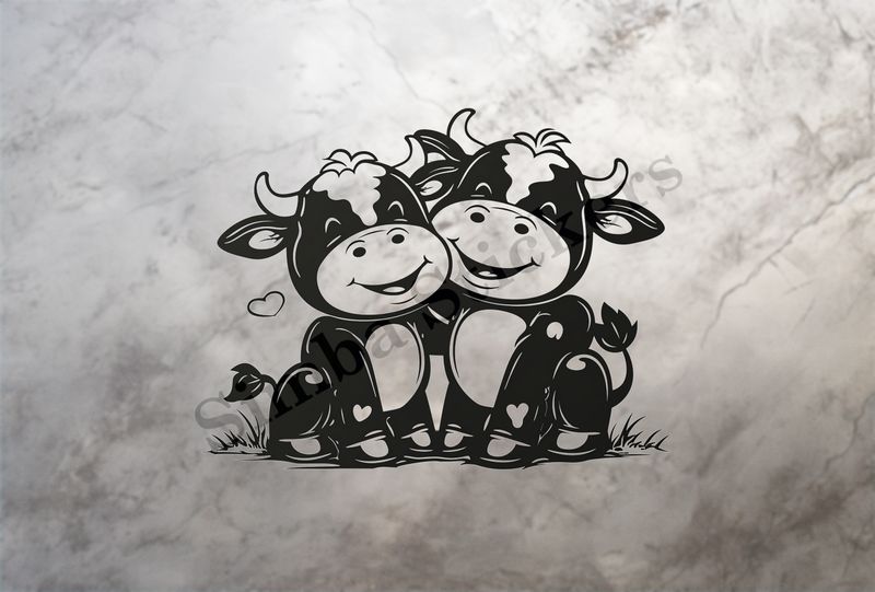 Bull and cow cheek-to-cheek, outline art