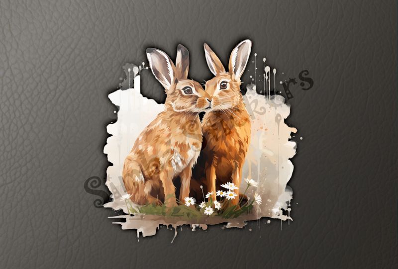 Hares nose-to-nose in lily flowers