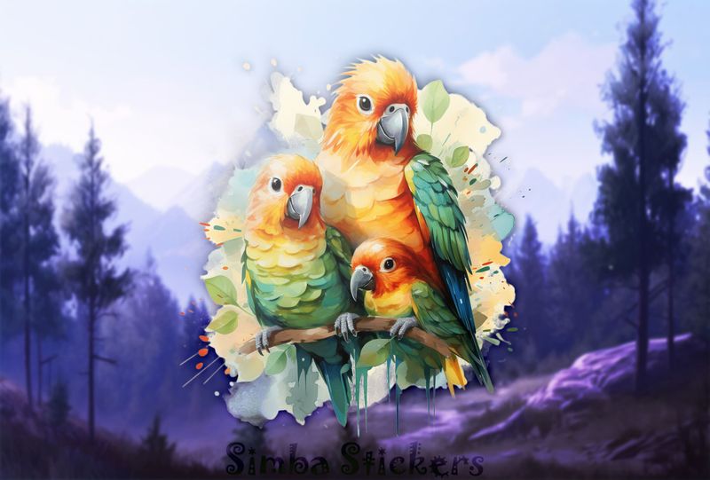 Parrots in love perching with youngling, nwgcer