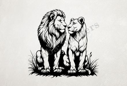 Majestic lion with lioness nose-to-nose ,  outline art