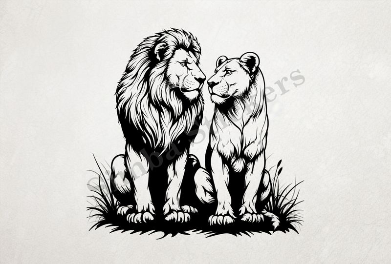 Majestic lion with lioness nose-to-nose ,  outline art