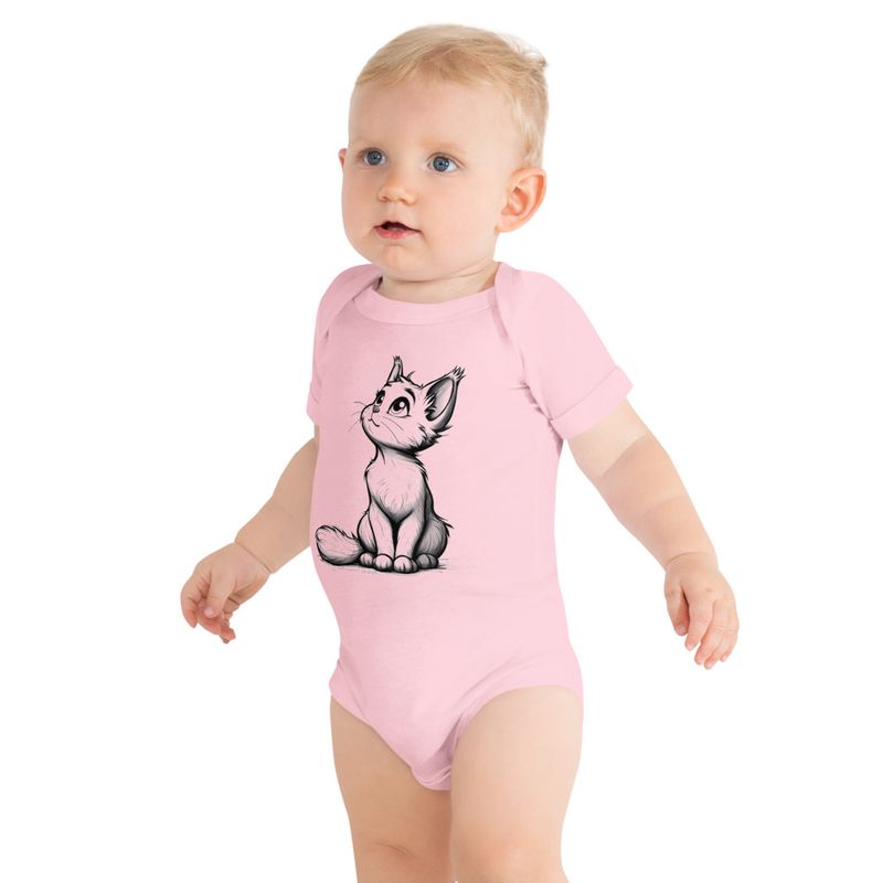 Baby Short Sleeve One Piece, 3-24 Months, Cat kitten sitting up, looking cute, mirrored