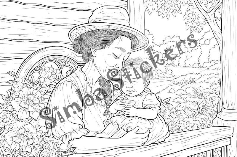 Colouring pages, bundle of people, grandmother with child, 10 images