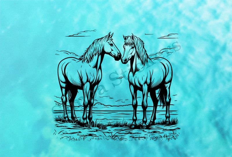Horses in love, standing, outline art