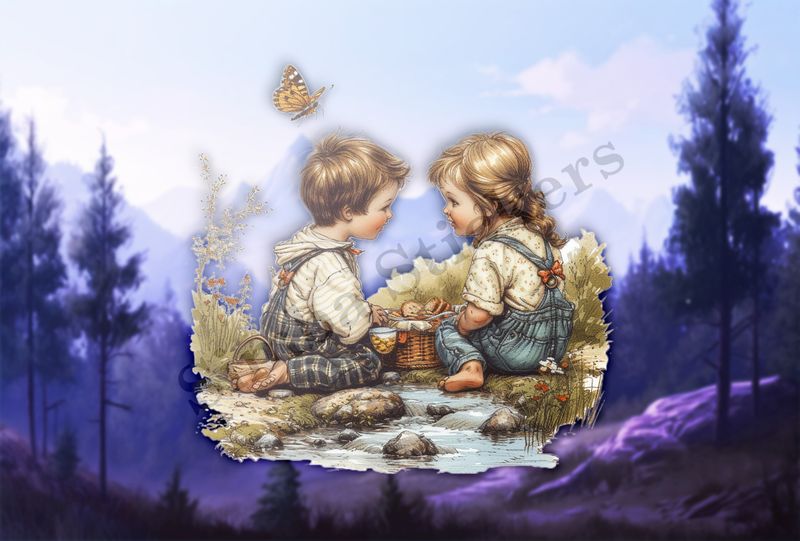 Boy and girl in love, sitting by a stream, watercolour