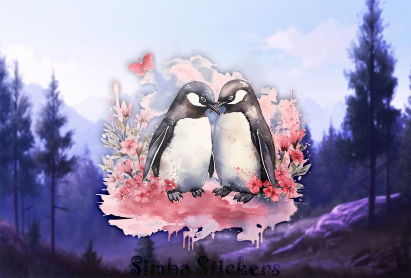 Penguins in love beak-to-beak in romantic colours, watercolour, tg8437k