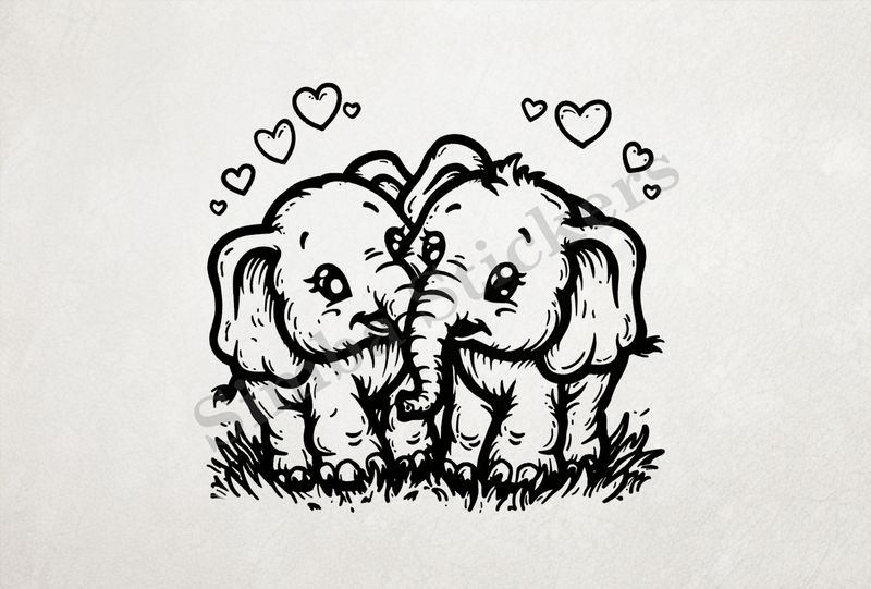 Baby elephants in love, romantic hearts around, outline art