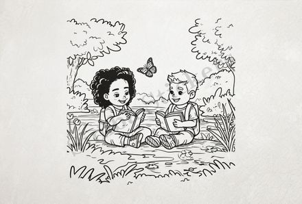 Boy and girl sitting reading books by the river, outline art
