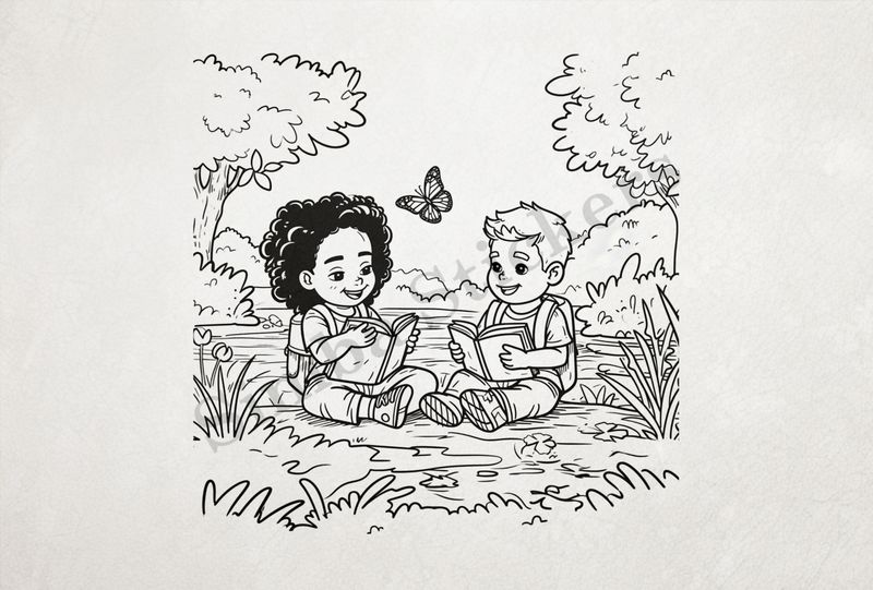 Boy and girl sitting reading books by the river, outline art