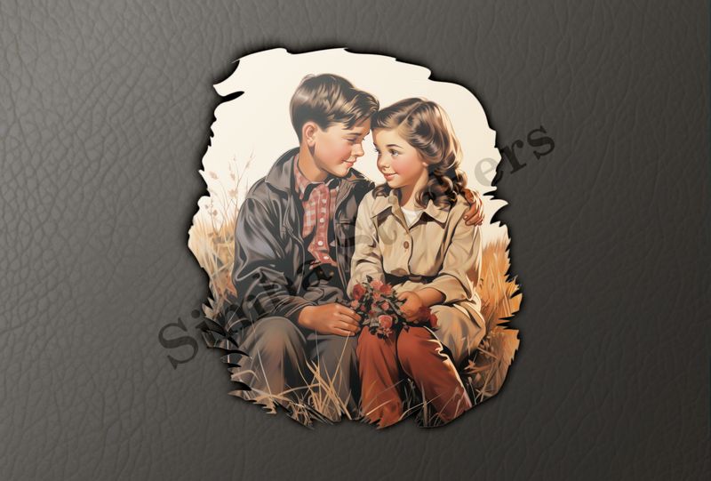 Boy and girl sitting, girl holding flowers