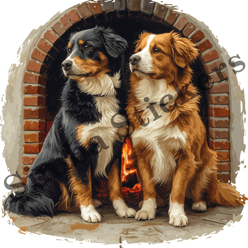 Dogs cuddling by fireplace, image set, 10 images