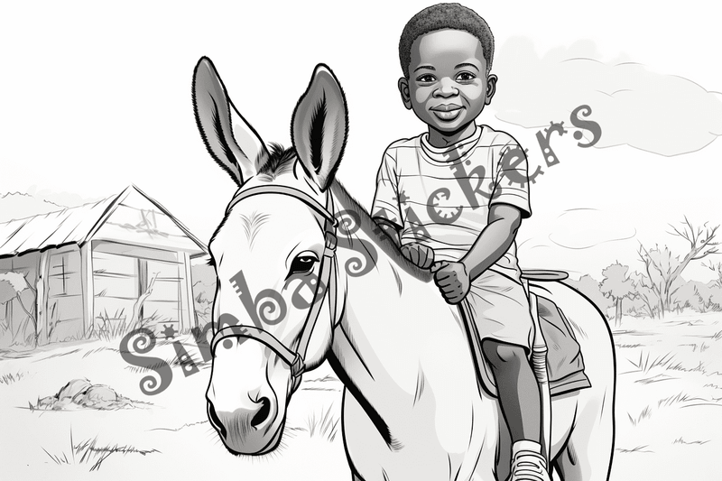 Colouring pages, bundle of mules with children, 10 images