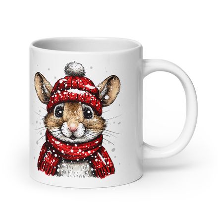 White Glossy Mug, 20oz, Mouse wearing red winter hat and scarf in the snow, xg8dl3