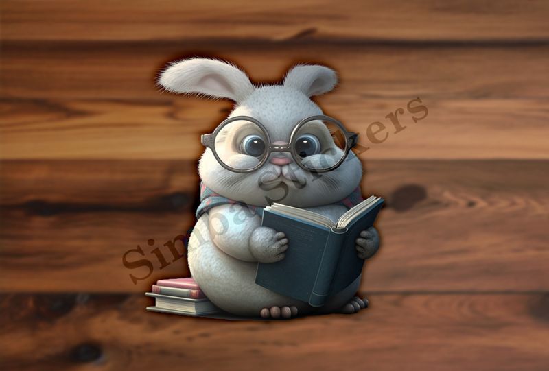 Chubby bunny in glasses holding a book