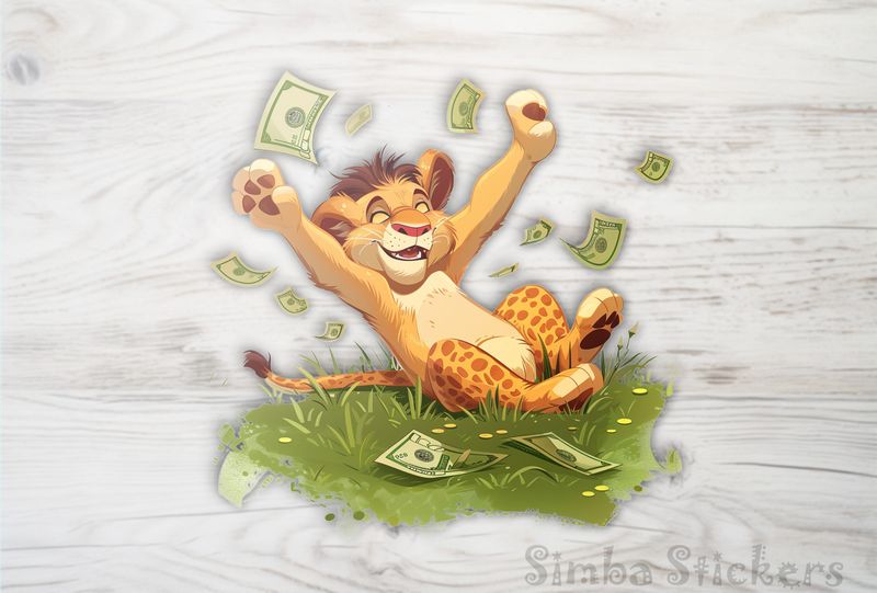 Simba Lion cub waving arms throwing money