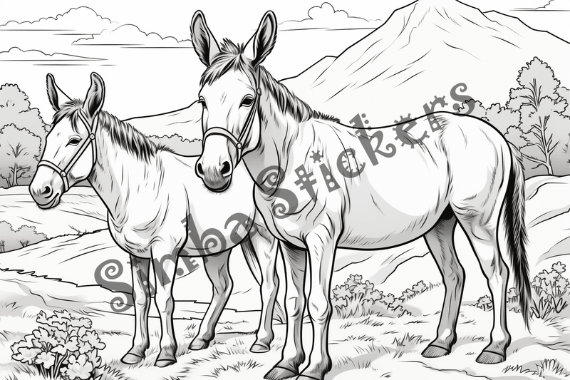 Colouring pages, bundle of donkeys with children, 25 images 2