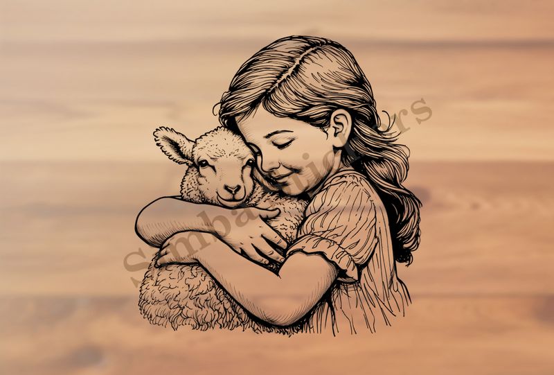 Sheep lamb hugged by girl of European origin, outline art