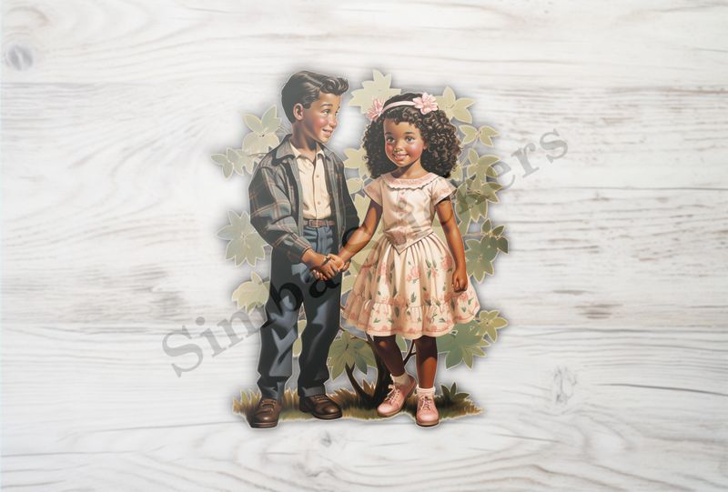 Boy and girls holding hands, leaves behind them