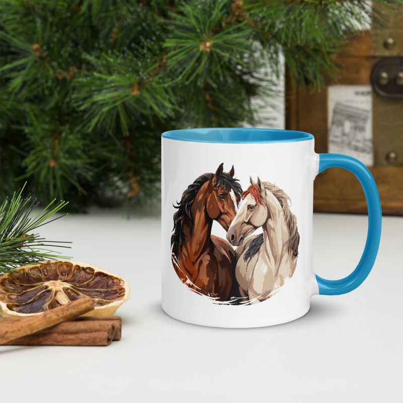 White Ceramic Mug with Color Inside, 11&amp;15oz, Horses nose-to-nose, jbgjpy