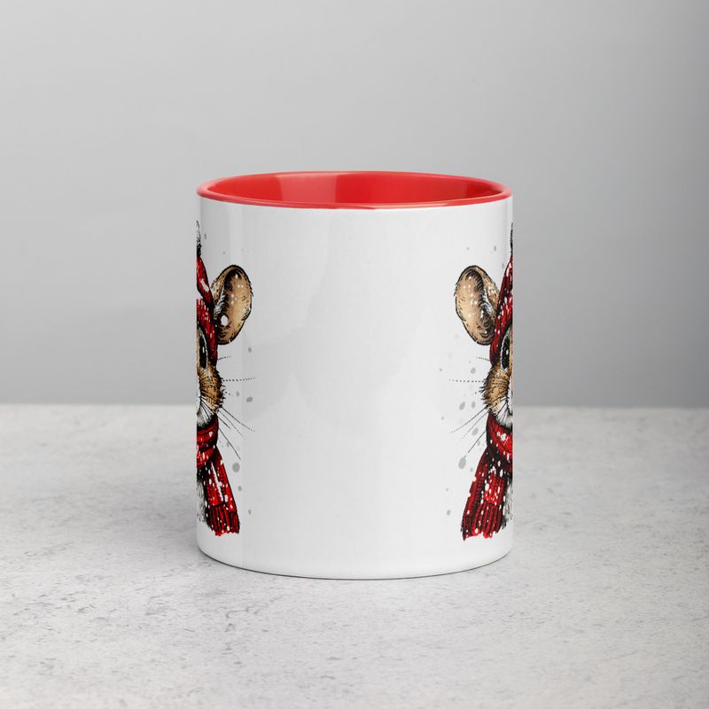 White Ceramic Mug with Color Inside, 11&amp;15oz, Mouse wearing red winter hat and scarf in snow, xg8dl3