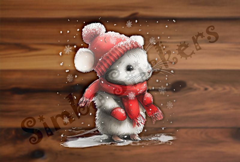 Mouse wearing red winter hat, scarf and gloves in the snow