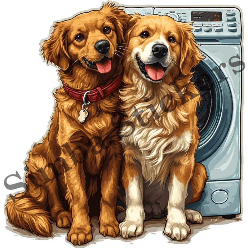 Dogs cuddling by washing machine, image set, 10 images